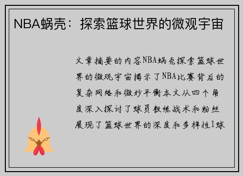 NBA蜗壳：探索篮球世界的微观宇宙