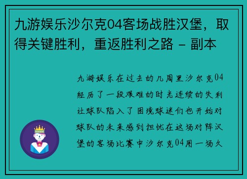 九游娱乐沙尔克04客场战胜汉堡，取得关键胜利，重返胜利之路 - 副本