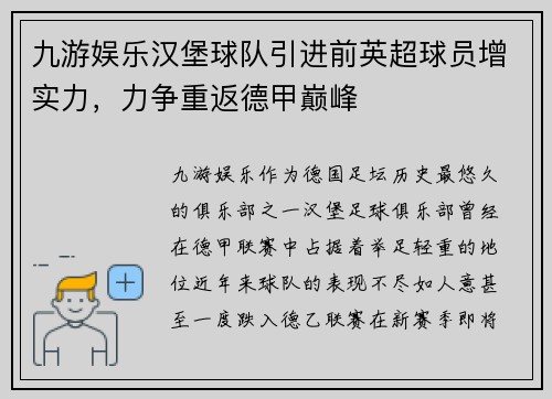 九游娱乐汉堡球队引进前英超球员增实力，力争重返德甲巅峰